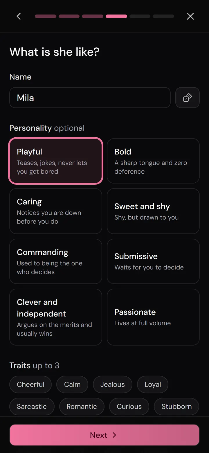 Créateur de personnage Nika, étape personnalité : nom, archétype et traits de caractère