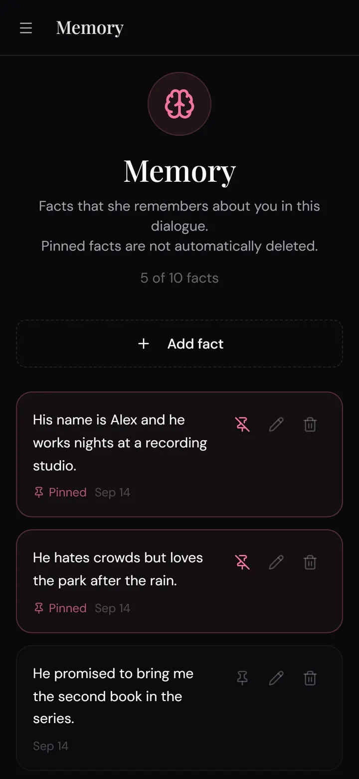 Nika app: Memory section with pinned and editable facts about the user
