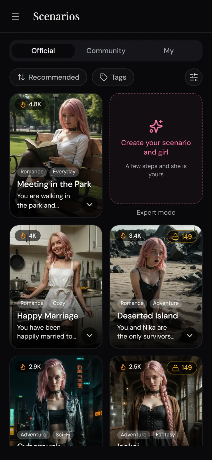 App Nika: scaffale degli scenari ufficiali con tag di genere e contatori di popolarità