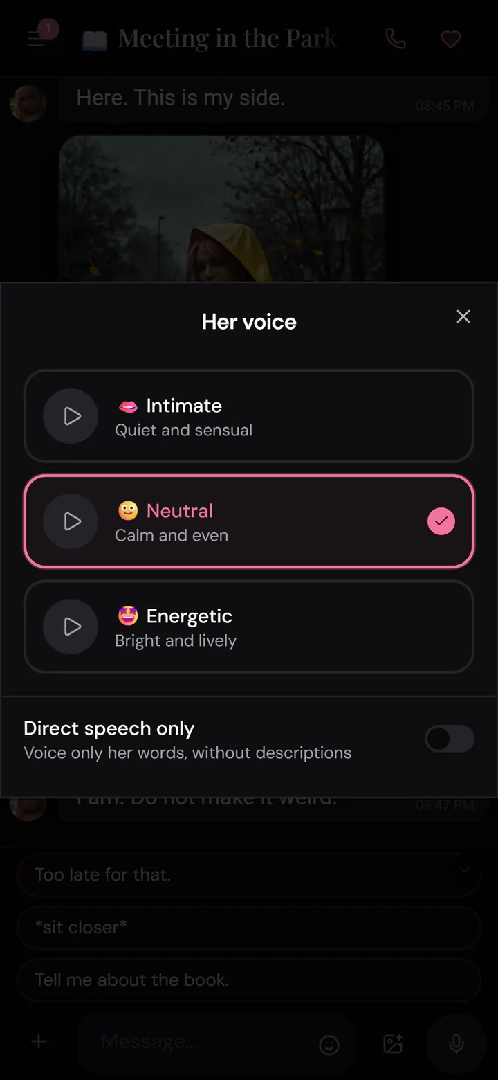 Application Nika : sélecteur de voix avec trois voix et l'option texte en discours direct uniquement